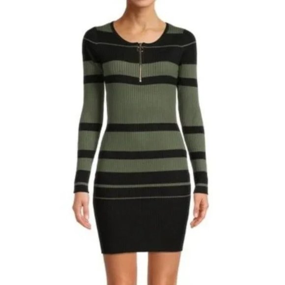 No Boundaries Dresses & Skirts - NWT NB Army Olive Green Black Stripe Sweater Knit Zip Bodycon Sheath Dress S